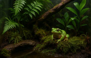 Frösche im tropischen Terrarium mit Pflanzen und Wasserstelle