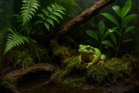 Frösche im tropischen Terrarium mit Pflanzen und Wasserstelle