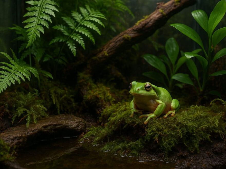Frösche im tropischen Terrarium mit Pflanzen und Wasserstelle