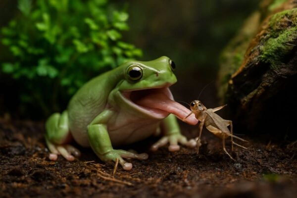 Fütterung von Fröschen mit lebenden Insekten Frosch frisst Heimchen im Terrarium