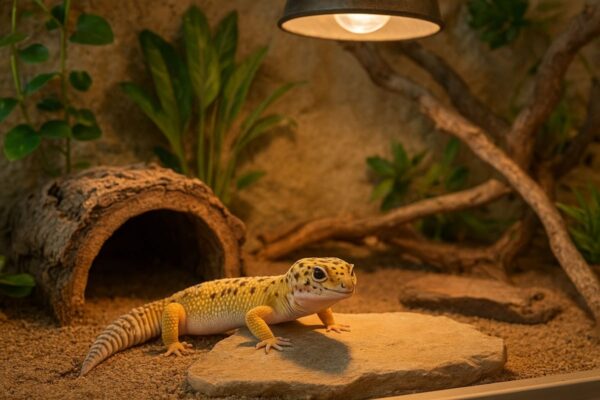 Artgerechtes Terrarium für einen Gecko mit Einrichtungsideen Gecko in artgerecht eingerichtetem Terrarium mit Höhle und Licht