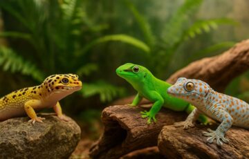 Drei verschiedene Gecko-Arten nebeneinander im Terrarium