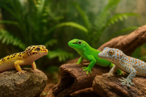 Drei verschiedene Gecko-Arten nebeneinander im Terrarium
