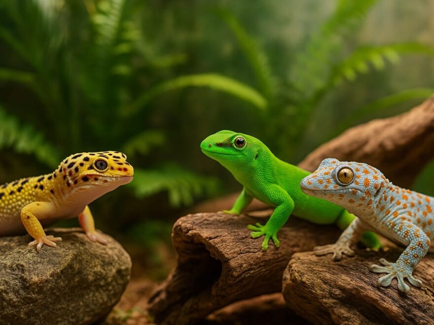 Drei verschiedene Gecko-Arten nebeneinander im Terrarium