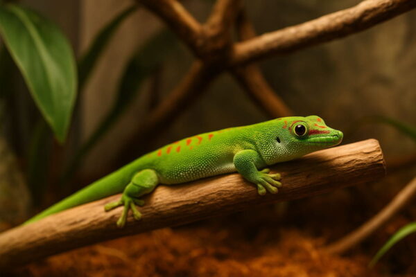 Taggecko im Terrarium – naturgetreue Haltung in Nahaufnahme Grüner Gecko mit roten Punkten auf Ast im Terrarium