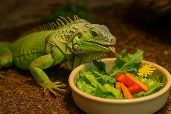 Leguane gesund ernähren mit Gemüse und Kräutern Leguane beim Fressen von frischem Gemüse und Kräutern im Terrarium