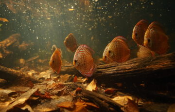 Wild lebende Diskusfische im natürlichen Amazonas-Schwarzwasser mit Wurzeln und Laub.