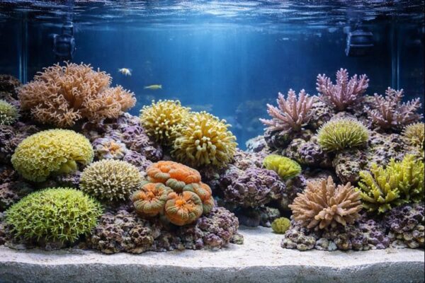 Übersicht verschiedener Korallenarten im Salzwasseraquarium mit Weichkorallen, LPS und SPS