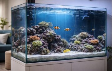 Salzwasseraquarium mit Riffgestein, Korallen und Meeresfischen als Beispiel für Salzwasseraquaristik