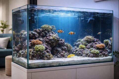 Salzwasseraquarium mit Riffgestein, Korallen und Meeresfischen als Beispiel für Salzwasseraquaristik