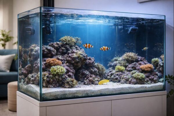 Salzwasseraquarium mit Riffgestein, Korallen und Meeresfischen als Beispiel für Salzwasseraquaristik